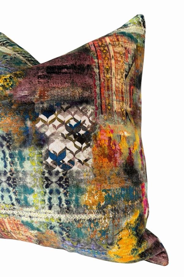 Boho Velvet Patchwork Cushion Cover, Colorful Designer Throw, Eclectic Luxury Home Decor