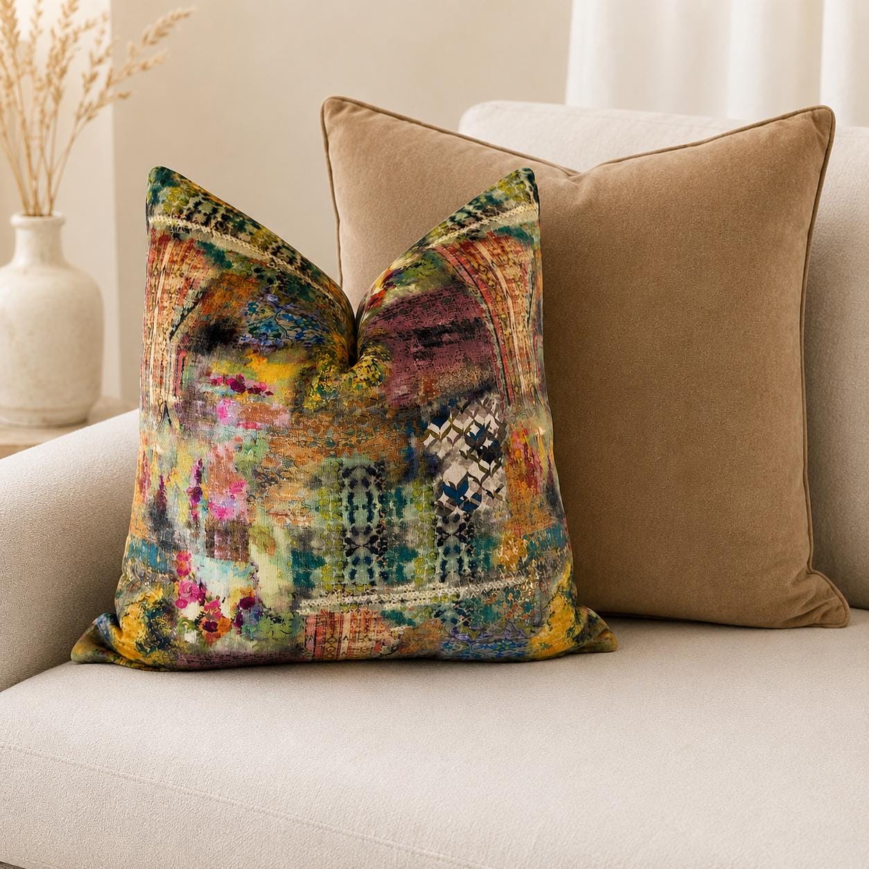 Boho Velvet Patchwork Cushion Cover, Colorful Designer Throw, Eclectic Luxury Home Decor