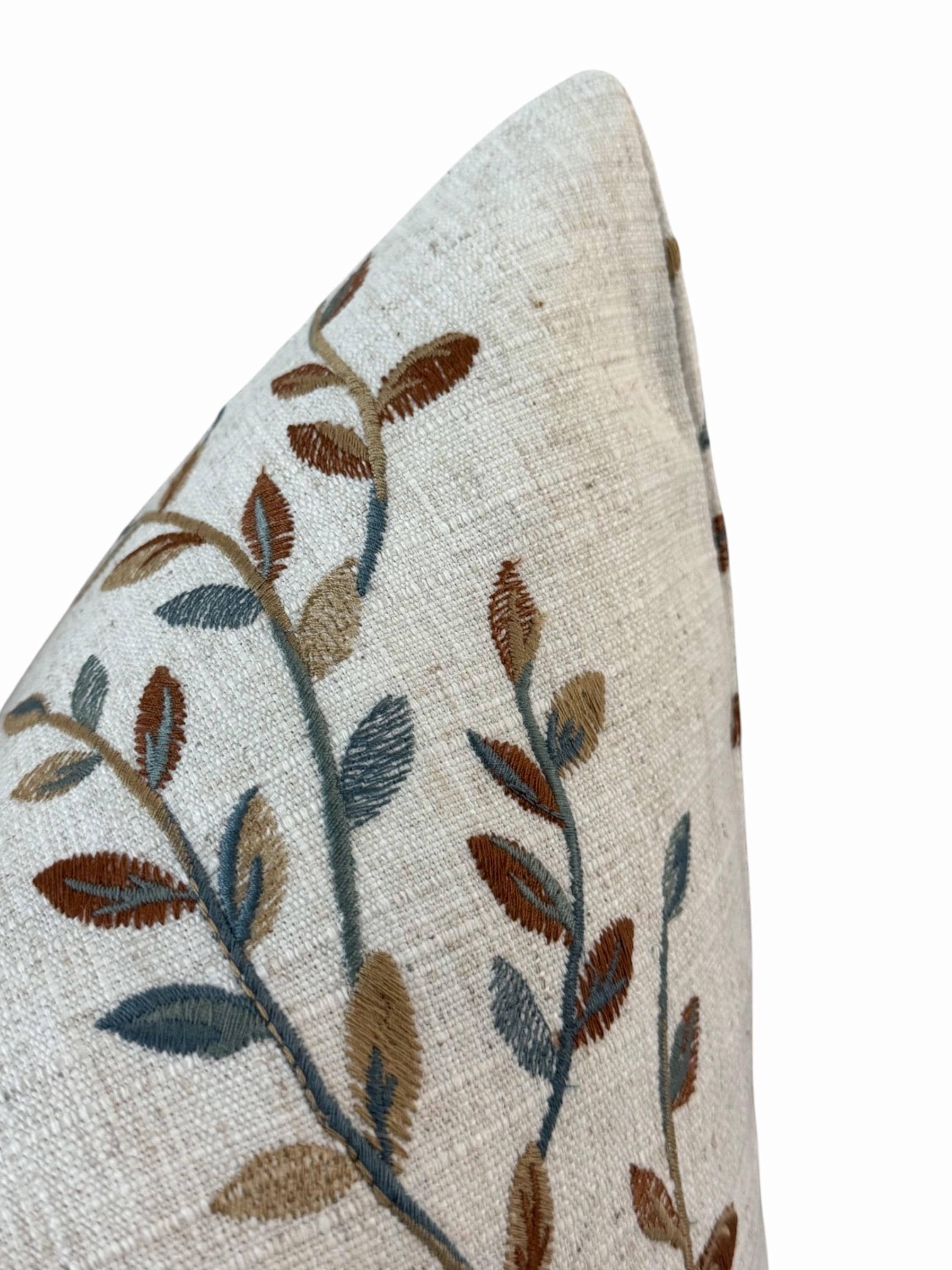 Embroidered Floral Pillow Cover, Neutral Linen Boho Farmhouse Throw Pillow