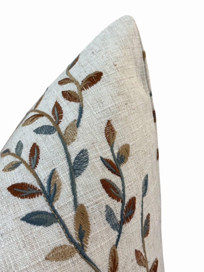 Embroidered Floral Pillow Cover, Neutral Linen Boho Farmhouse Throw Pillow