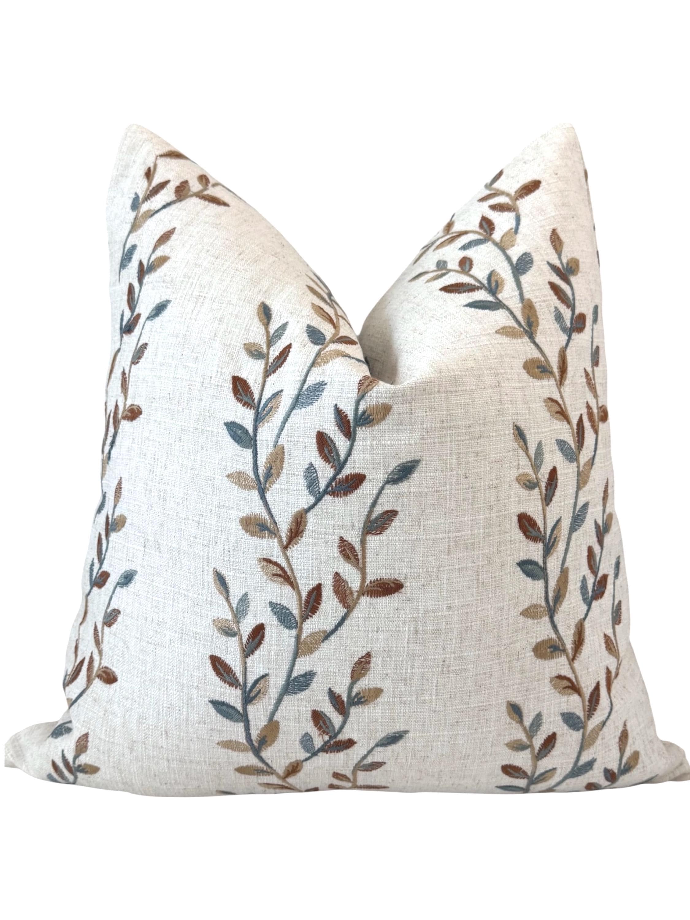 Embroidered Floral Pillow Cover, Neutral Linen Boho Farmhouse Throw Pillow