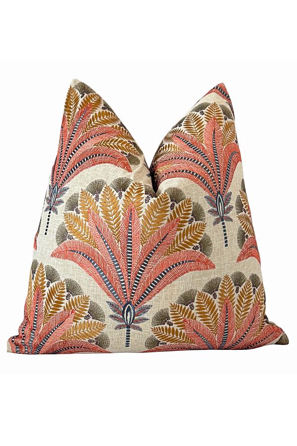 Coral Palm Linen Cushion, Tropical Botanical Throw, Designer Sofa Accent, Neutral Home Decor