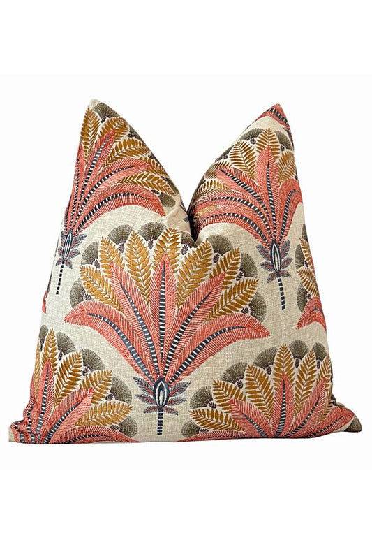 Coral Palm Linen Cushion, Tropical Botanical Throw, Designer Sofa Accent, Neutral Home Decor