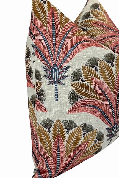 Coral Palm Linen Cushion, Tropical Botanical Throw, Designer Sofa Accent, Neutral Home Decor