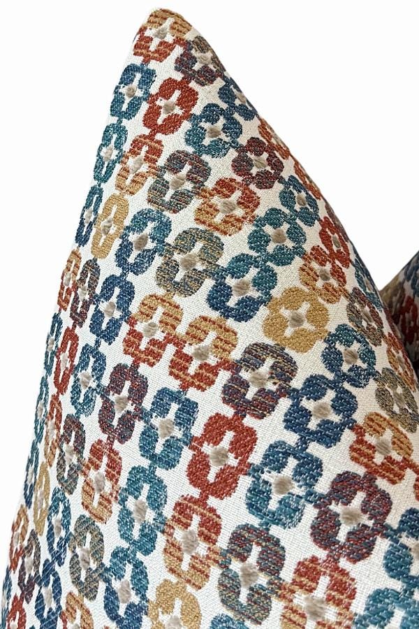 Multicolor Geometric Chenille Pillow Cover, Blue Rust Gold Decorative Cushion Cover