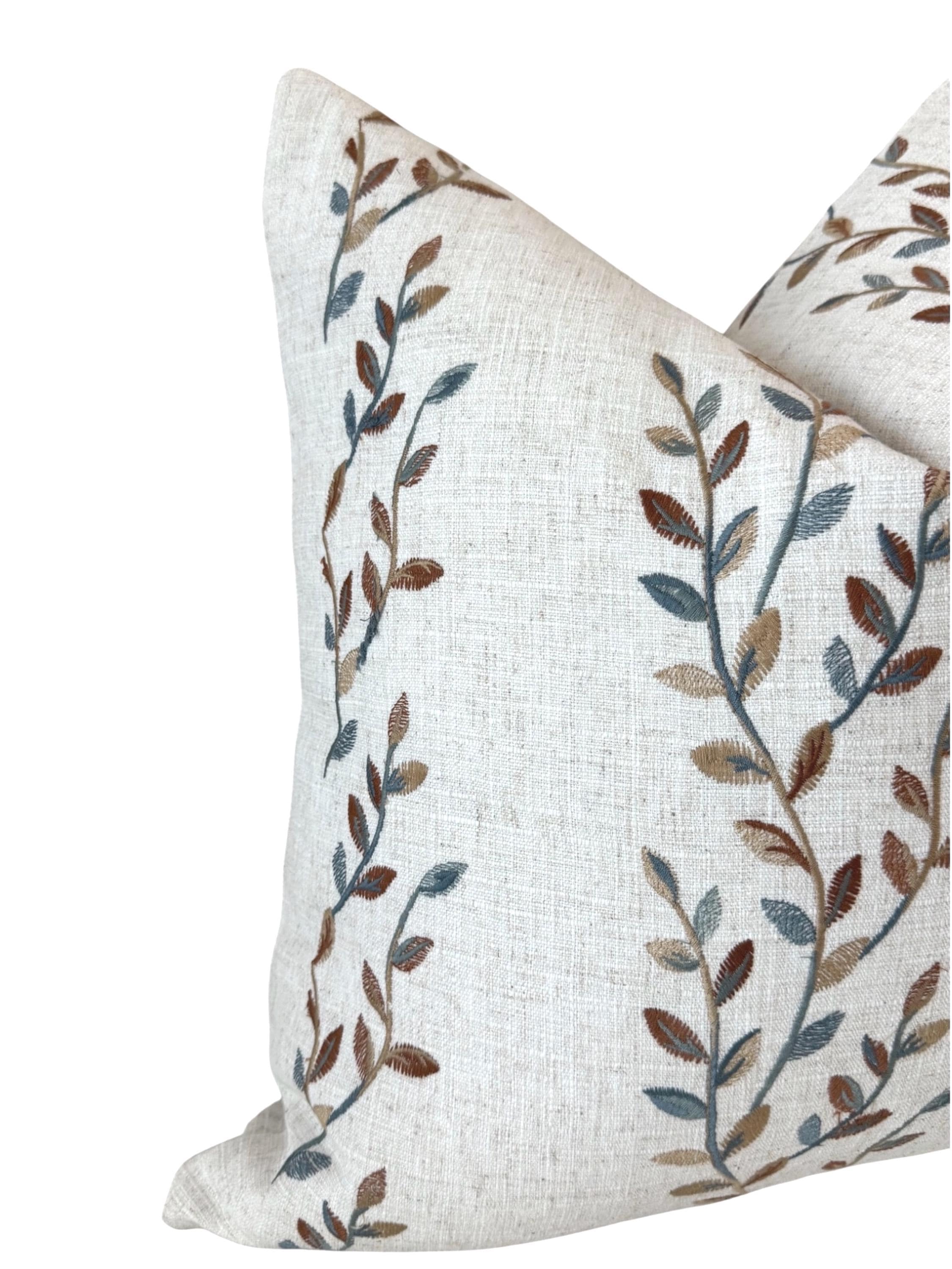 Embroidered Floral Pillow Cover, Neutral Linen Boho Farmhouse Throw Pillow