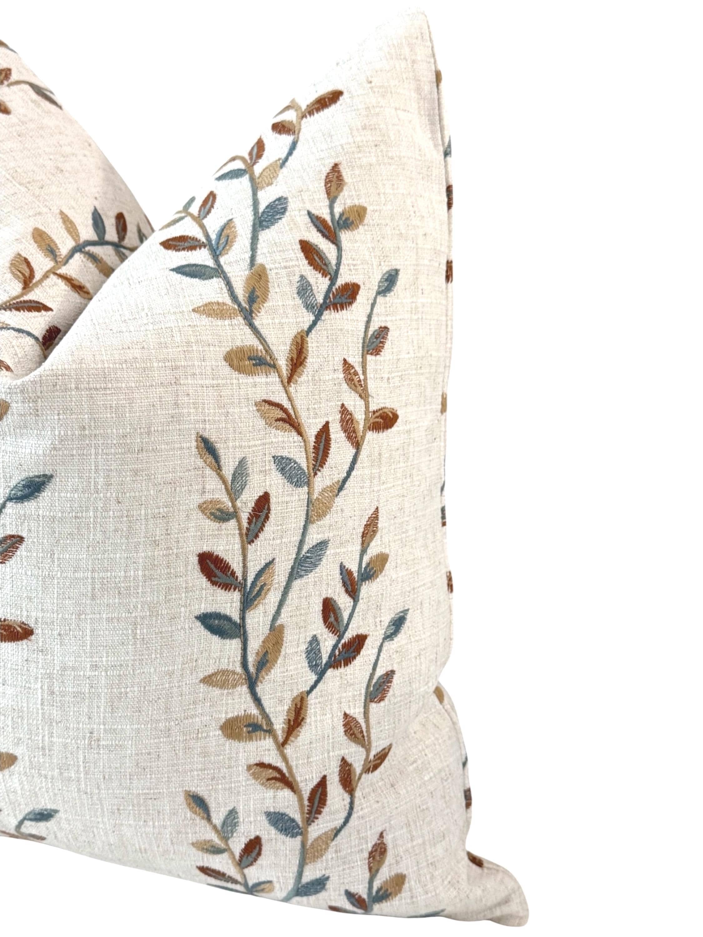 Embroidered Floral Pillow Cover, Neutral Linen Boho Farmhouse Throw Pillow