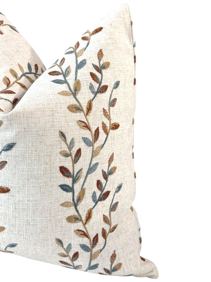 Embroidered Floral Pillow Cover, Neutral Linen Boho Farmhouse Throw Pillow