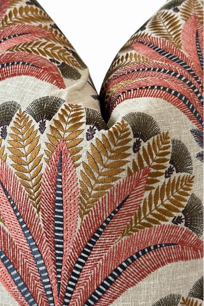 Coral Palm Linen Cushion, Tropical Botanical Throw, Designer Sofa Accent, Neutral Home Decor