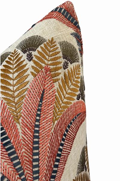 Coral Palm Linen Cushion, Tropical Botanical Throw, Designer Sofa Accent, Neutral Home Decor