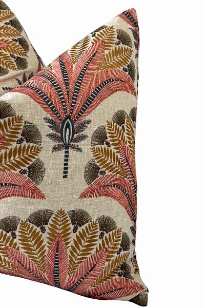 Coral Palm Linen Cushion, Tropical Botanical Throw, Designer Sofa Accent, Neutral Home Decor