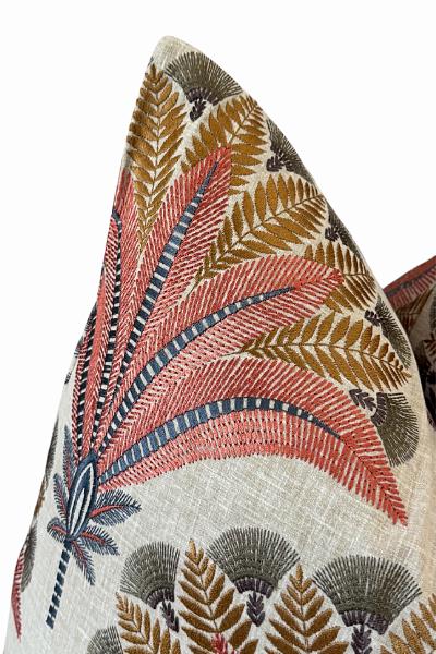 Coral Palm Linen Cushion, Tropical Botanical Throw, Designer Sofa Accent, Neutral Home Decor