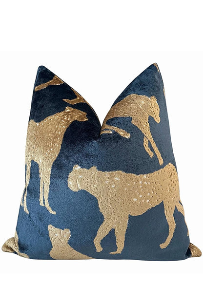 Luxury Navy Blue Velvet Cheetah Pillow Cover, Gold Animal Print Decorative Cushion