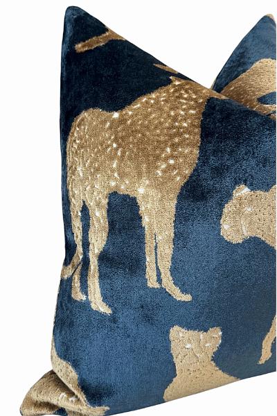 Luxury Navy Blue Velvet Cheetah Pillow Cover, Gold Animal Print Decorative Cushion