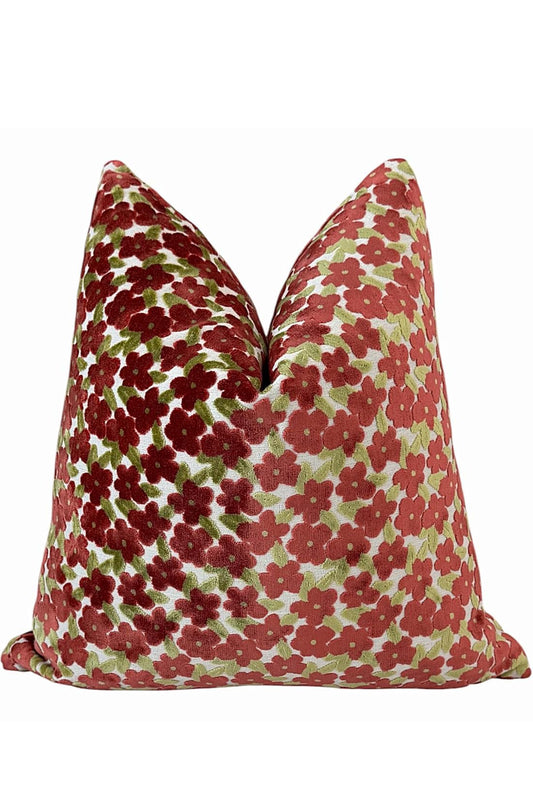 Red Floral Velvet Pillow Cover, Green Leaf Designer Cushion, Cottage Home Decor