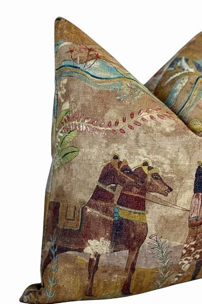 Egyptian Inspired Velvet Pillow Cover, Ancient Camel Print, Neutral Gold Boho Decor