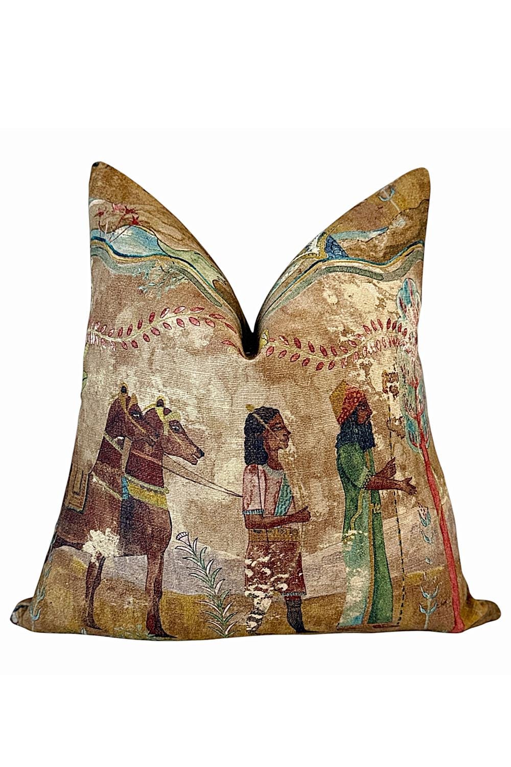 Egyptian Inspired Velvet Pillow Cover, Ancient Camel Print, Neutral Gold Boho Decor