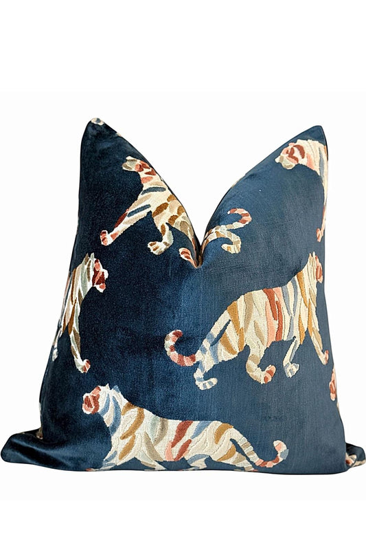 Blue Tiger Velvet Pillow Cover, Animal Print Luxury Sofa Decor