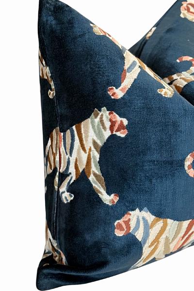 Blue Tiger Velvet Pillow Cover, Animal Print Luxury Sofa Decor