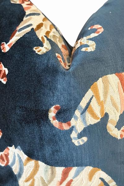 Blue Tiger Velvet Pillow Cover, Animal Print Luxury Sofa Decor
