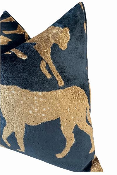 Luxury Navy Blue Velvet Cheetah Pillow Cover, Gold Animal Print Decorative Cushion
