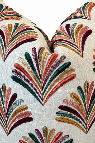 Embroidered Fan Pillow Cover, Multicolor Boho Linen Accent Cushion