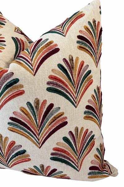 Embroidered Fan Pillow Cover, Multicolor Boho Linen Accent Cushion