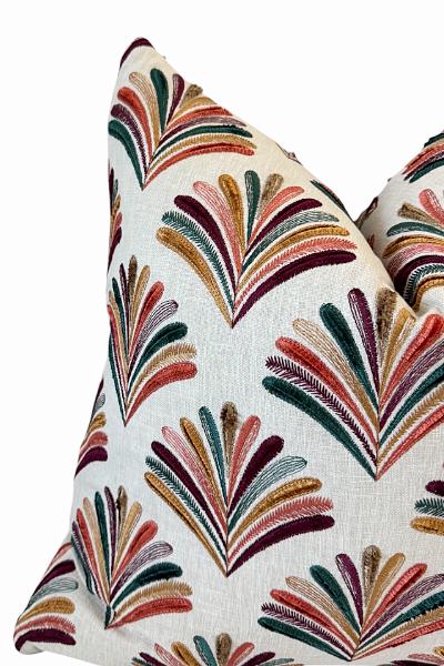 Embroidered Fan Pillow Cover, Multicolor Boho Linen Accent Cushion