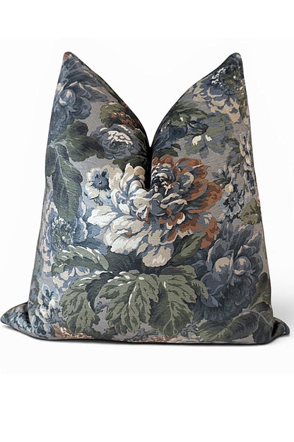 Moody Floral Pillow Cover, Blue Green Vintage Accent Cushion