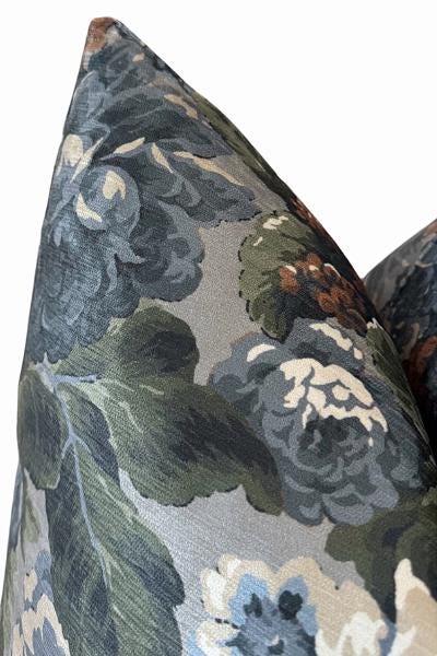 Moody Floral Pillow Cover, Blue Green Vintage Accent Cushion