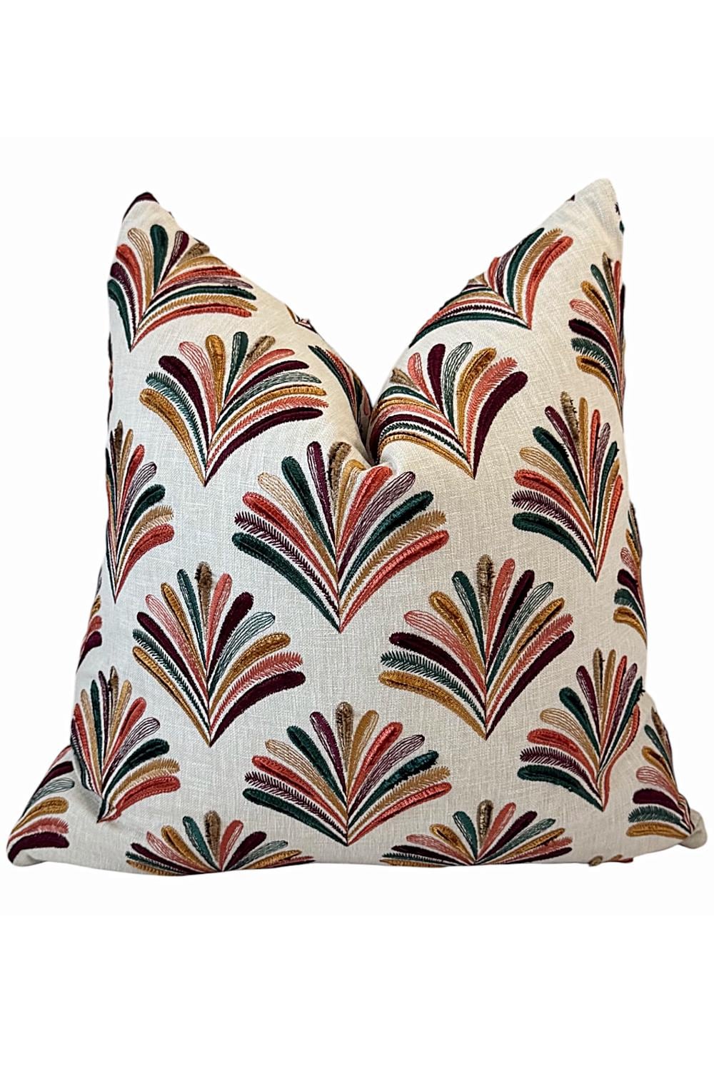 Embroidered Fan Pillow Cover, Multicolor Boho Linen Accent Cushion