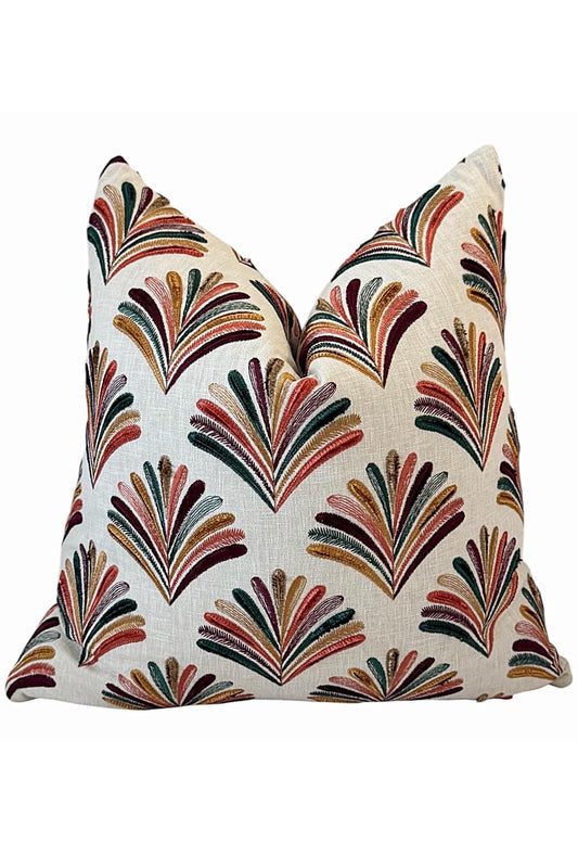 Embroidered Fan Pillow Cover, Multicolor Boho Linen Accent Cushion