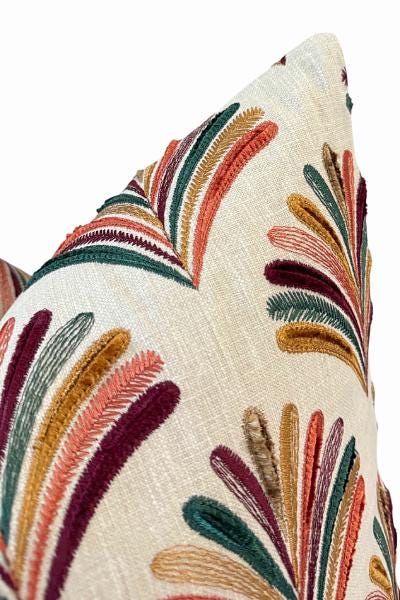 Embroidered Fan Pillow Cover, Multicolor Boho Linen Accent Cushion