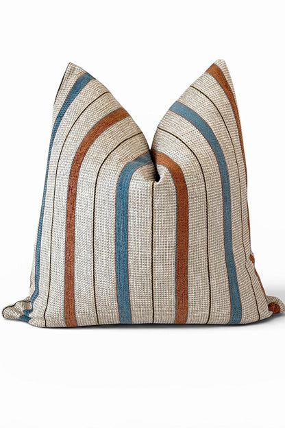 Striped Linen Pillow Cover, Rust and Blue Neutral Accent Cushion