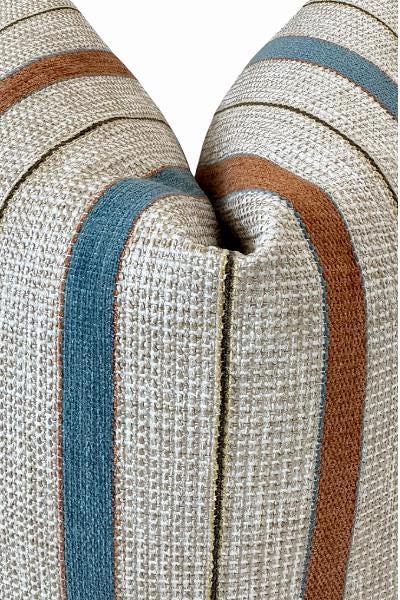 Striped Linen Pillow Cover, Rust and Blue Neutral Accent Cushion