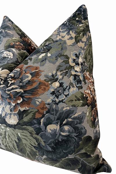 Moody Floral Pillow Cover, Blue Green Vintage Accent Cushion