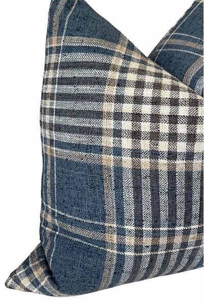 Navy Plaid Throw Pillow Cover, Woven Farmhouse Home Accent