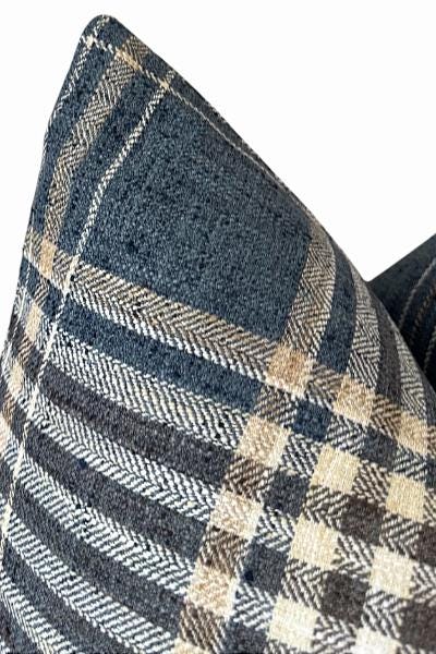 Navy Plaid Throw Pillow Cover, Woven Farmhouse Home Accent